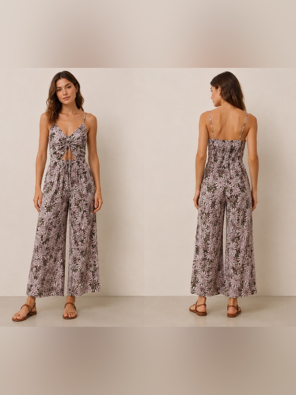 Anthropologie Floral Cutout Wide Leg Jumpsuit XS Boho  Tie Front romper